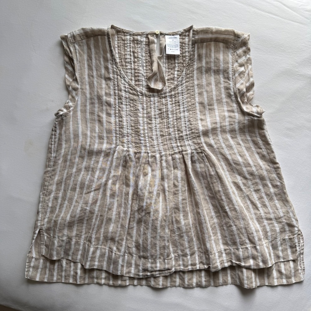 Lands End Womens 12P Tan White Striped 100% Linen Pintuck Sleeveless Blouse Top